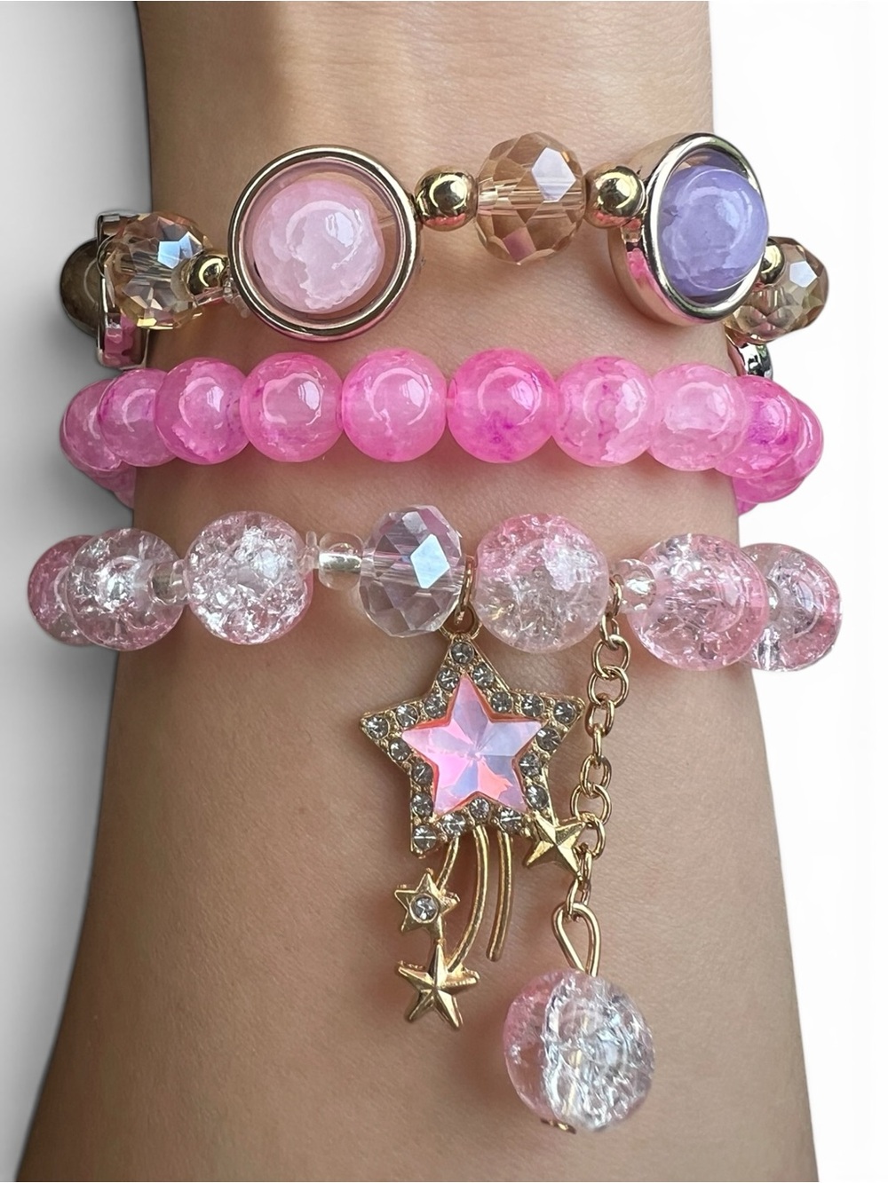 Shooting Star Charm Beaded 3 Pieces Stretch Bracelet Set NWOT